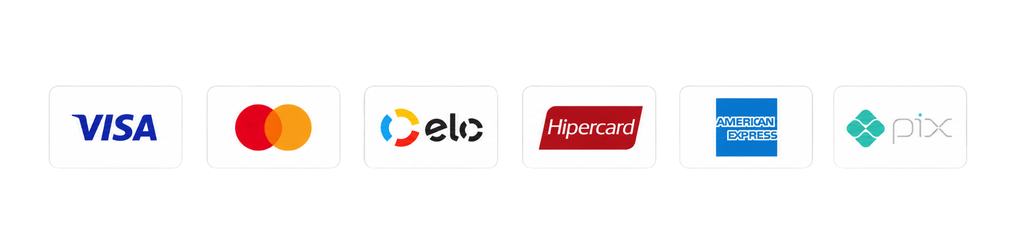 Visa, Mastercard, Elo, Hipercard, American Express e Pix